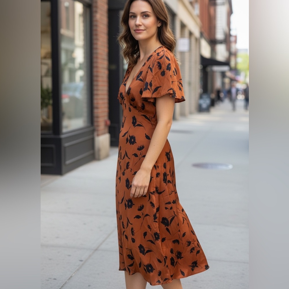Lost + Wander Brown Midi Dress with Black Floral Pattern - Picture 2 of 7
